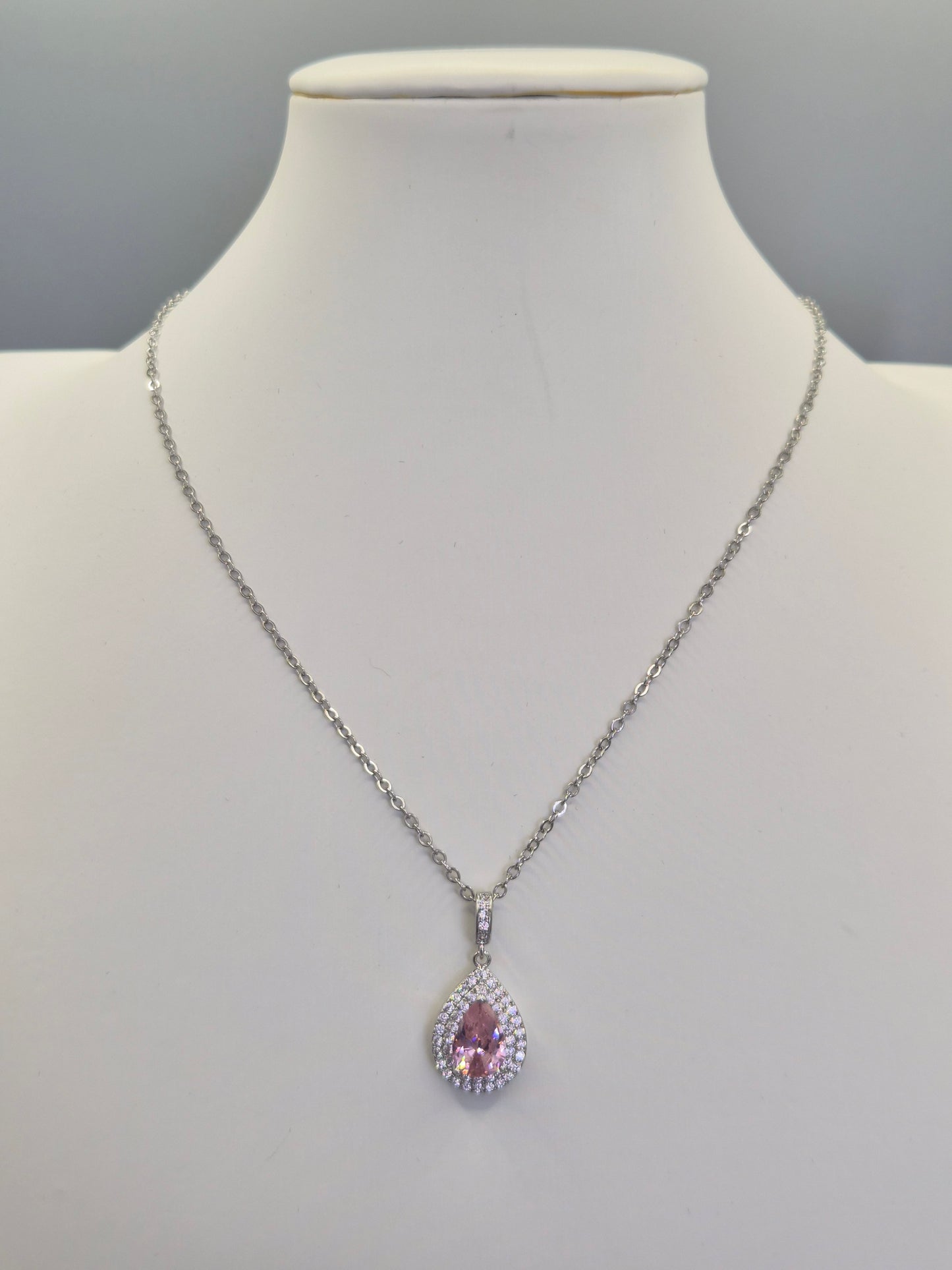 Pink Pear & Double Row Round Cubic Zirconia Pendant