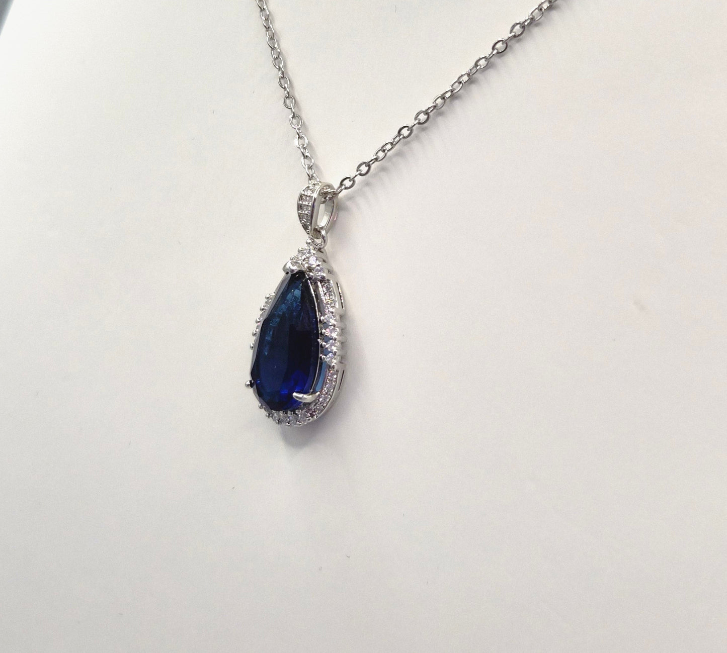 Blue Pear & Round Cubic Zirconia Pendant