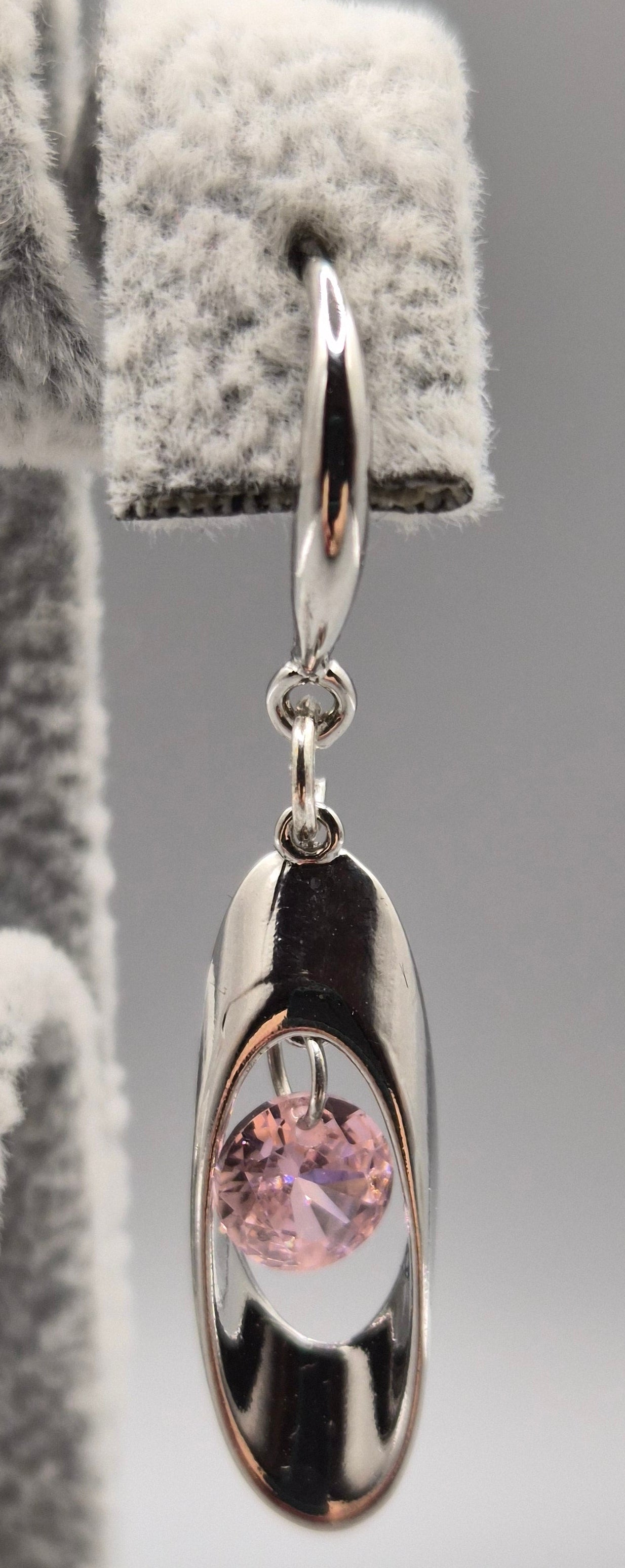 Pink Round Stone Within Silver Oval Drop Earrings