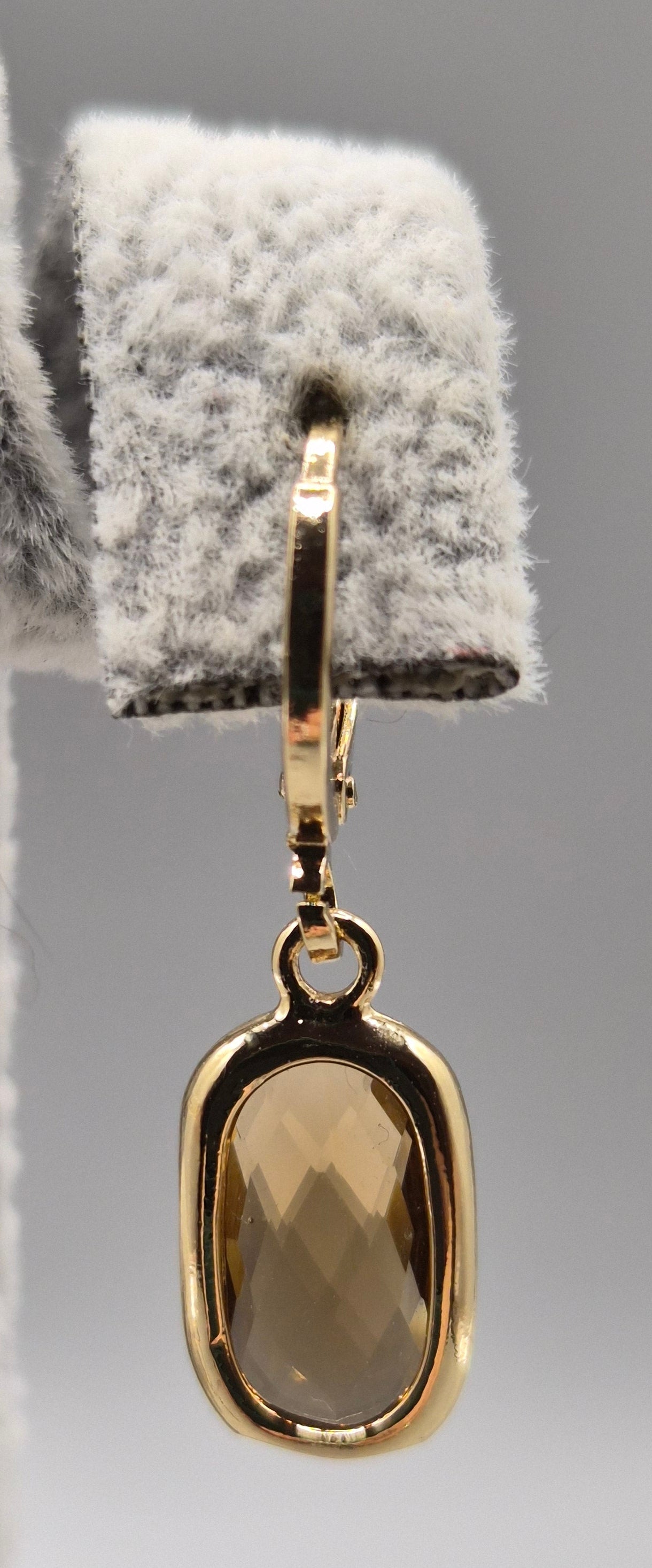 Gold Smokey Quartz Oval Bezel Set Drop Earrings