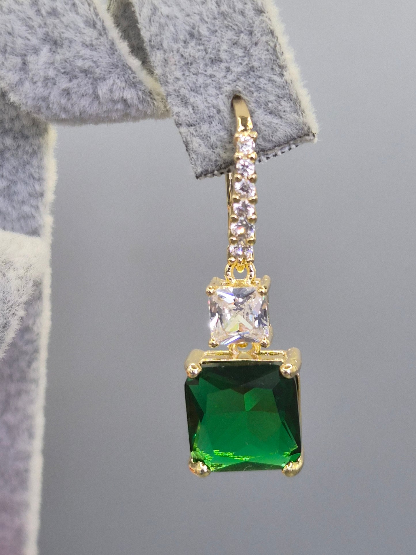Princess Cut Green & Clear Cubic Zirconia Hook Through Earrings
