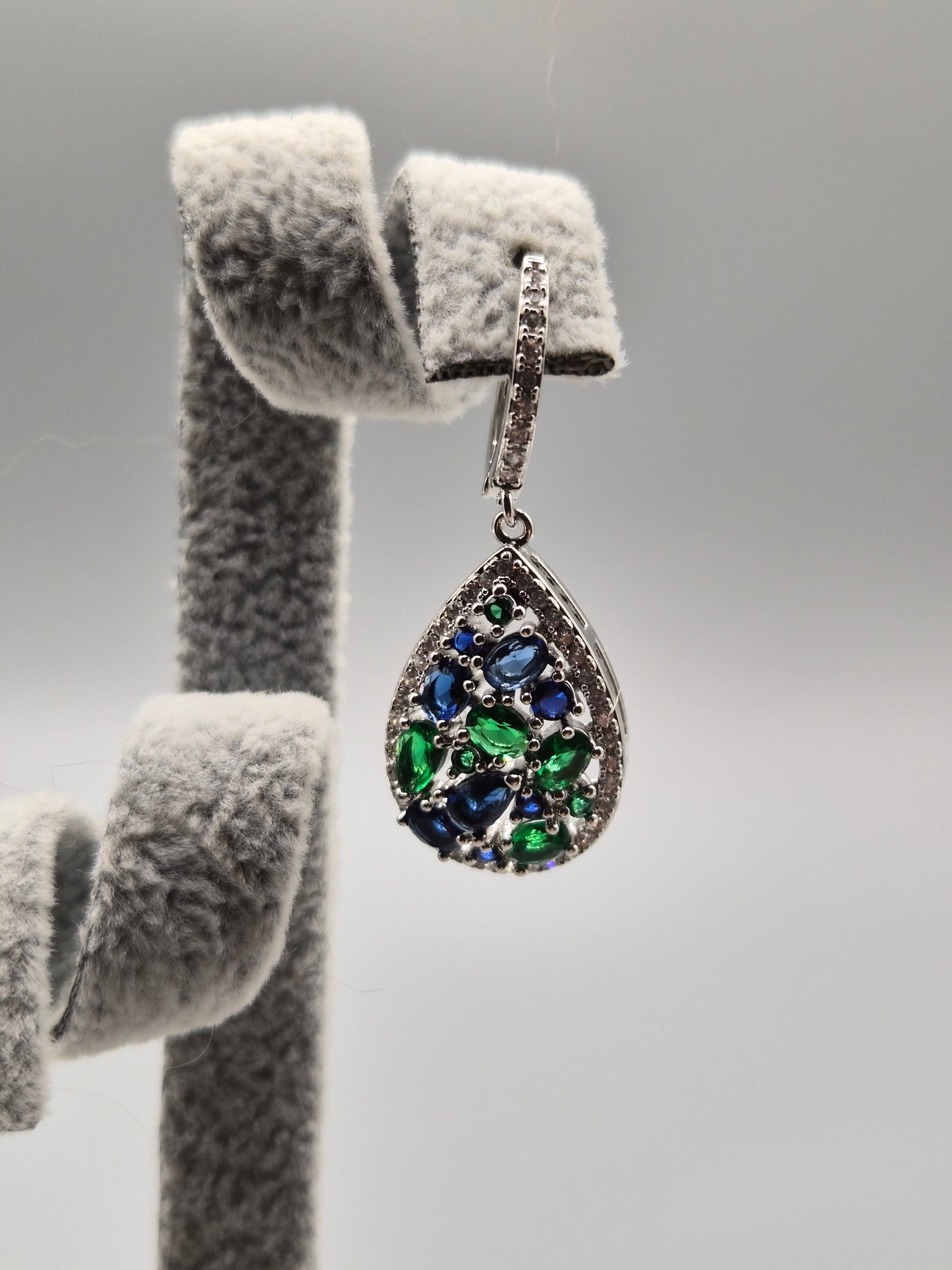 Pear Shaped Blue & Green Cubic Zirconia Drop Earrings