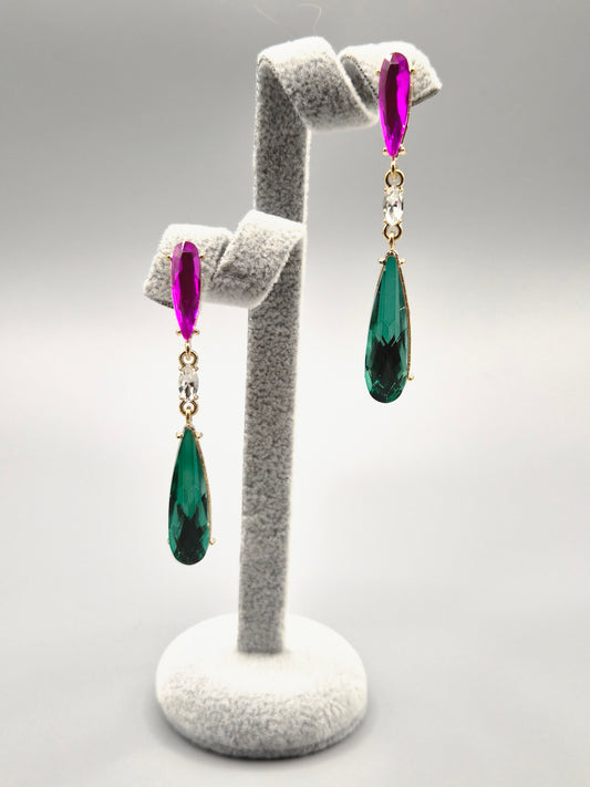Pear Shaped Pink & Green Gold Set Drop Earrings
