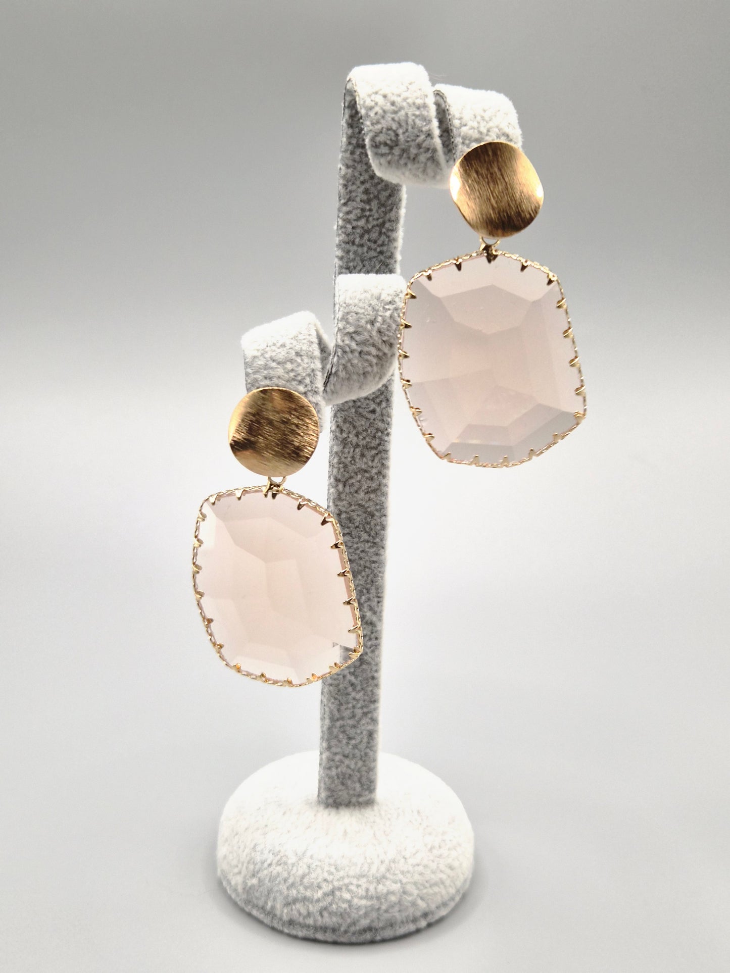 Soft Pink Faceted Glass Gold Set Drop Earrings