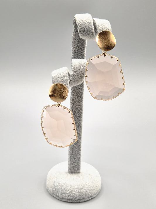 Soft Pink Faceted Glass Gold Set Drop Earrings
