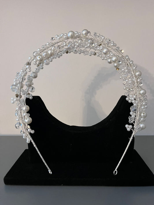 Double Row Pearl & Clear Crystal Head Band