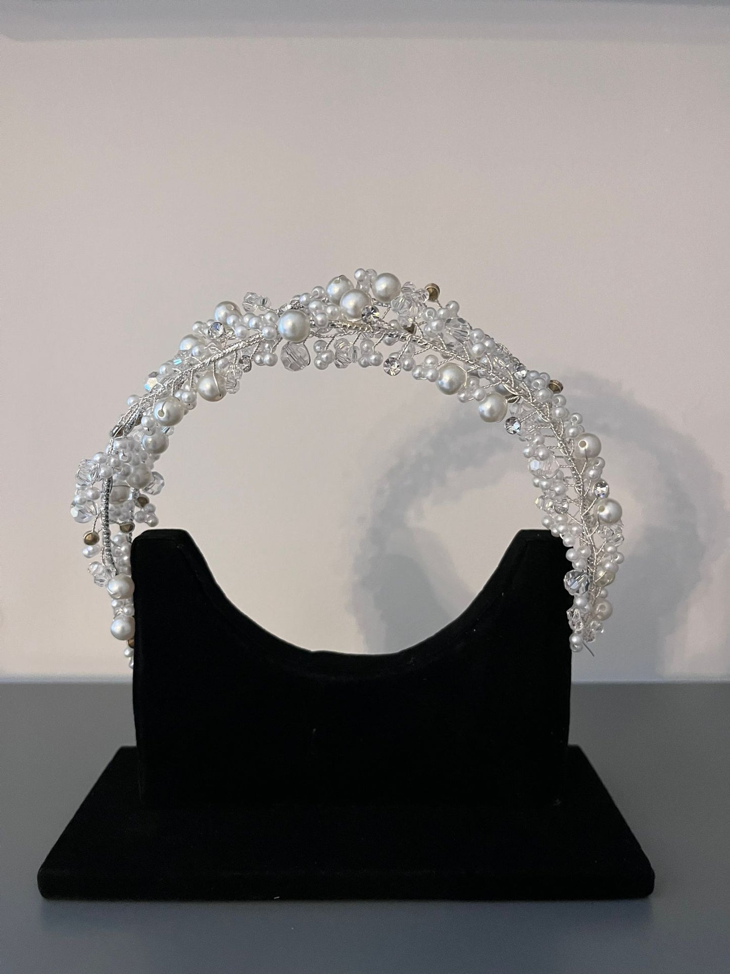 Double Row Pearl & Clear Crystal Head Band