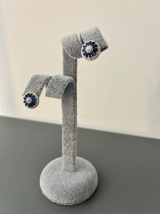 Disc Round & Baguette Cut Blue & Cubic Zirconia Stud Earrings