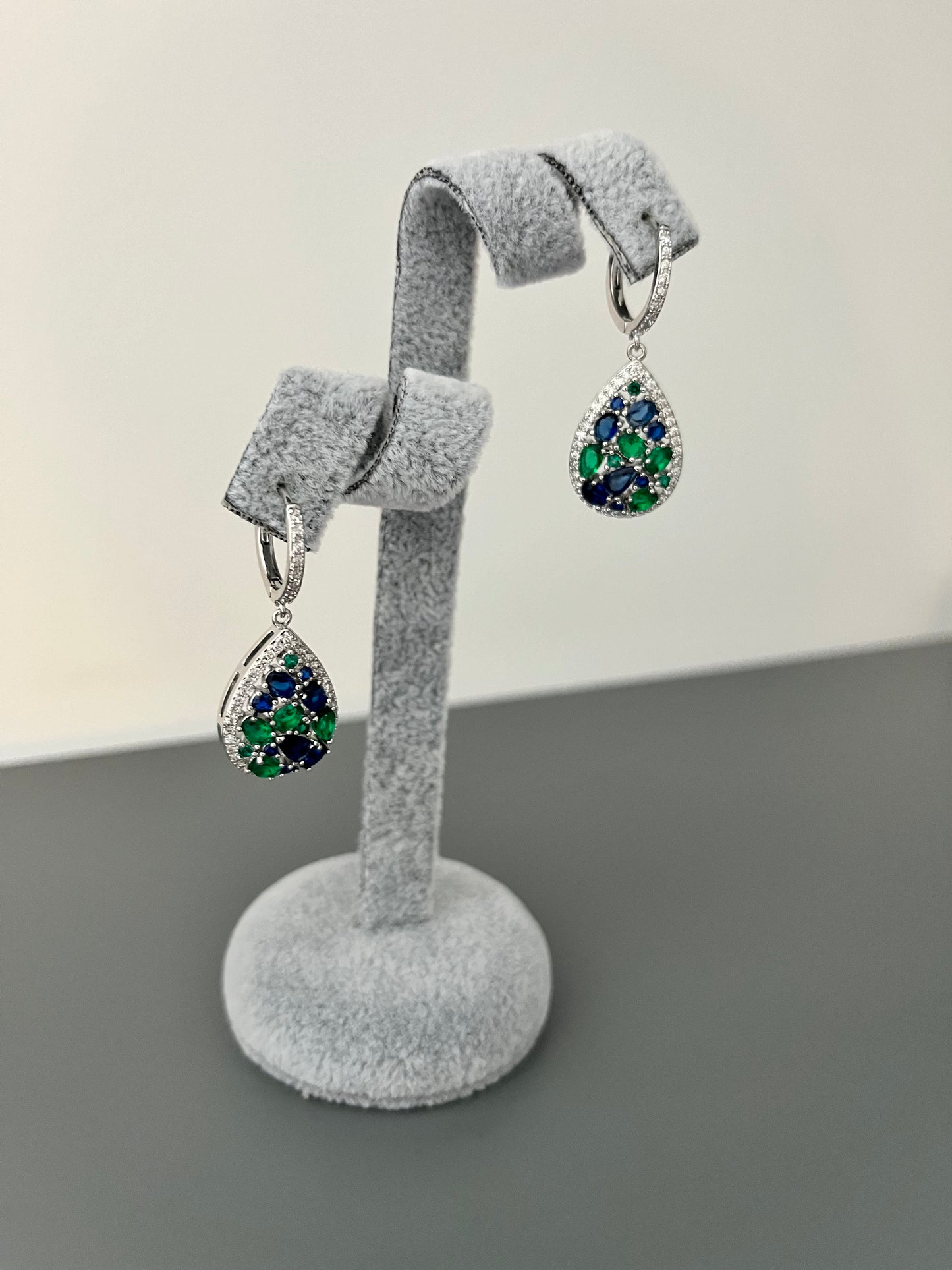 Pear Shaped Blue & Green Cubic Zirconia Drop Earrings