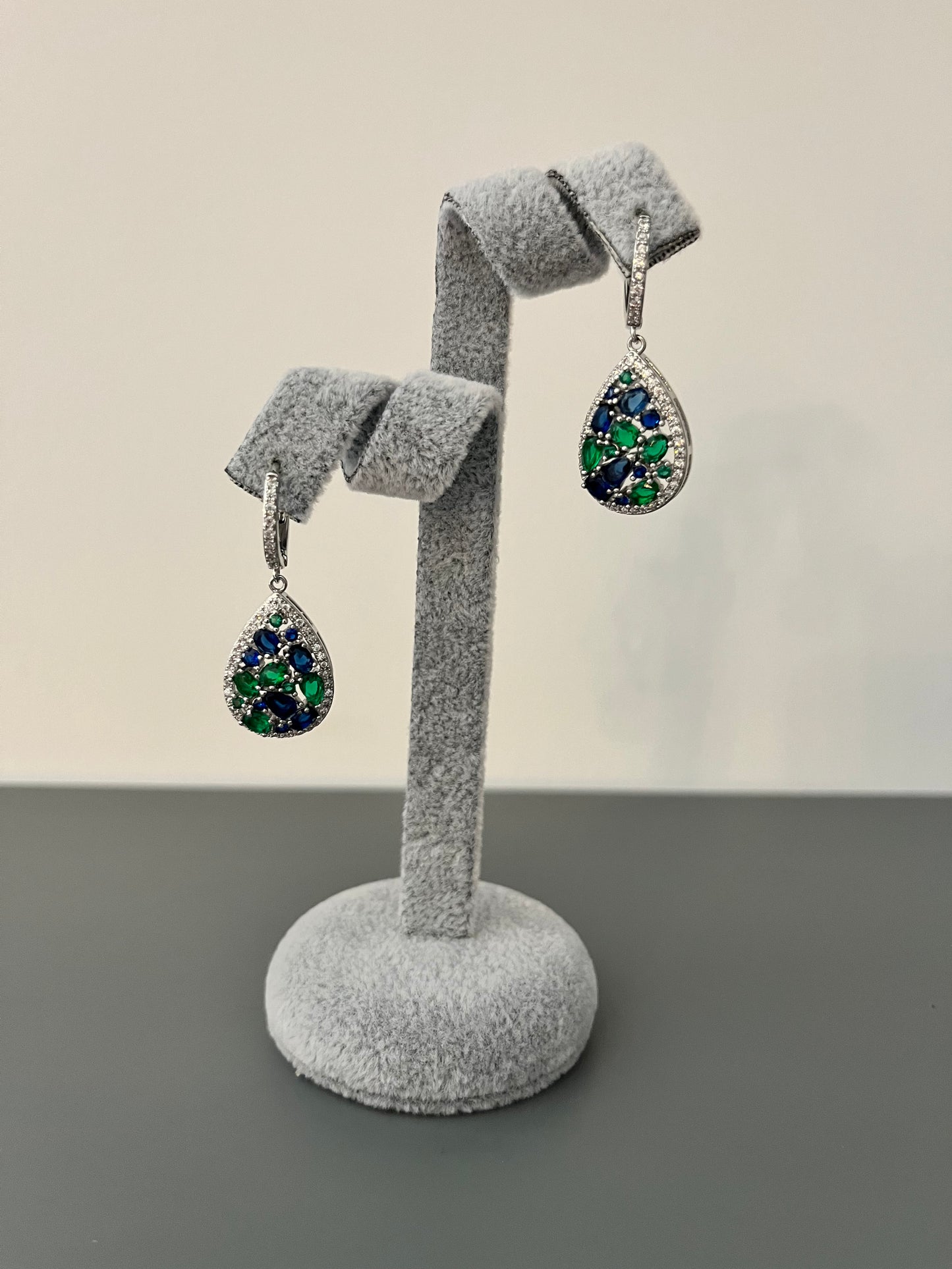 Pear Shaped Blue & Green Cubic Zirconia Drop Earrings