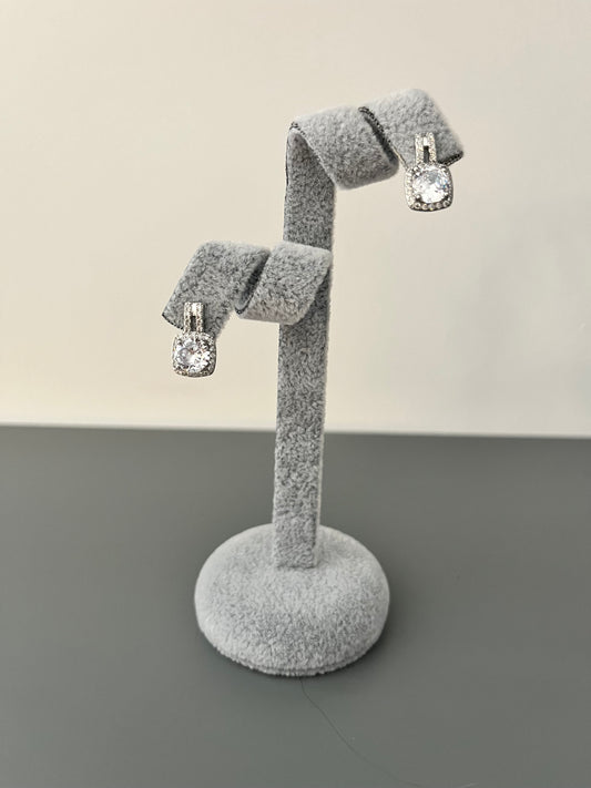 Square Halo with Double Row Cubic Zirconia Stud Earrings