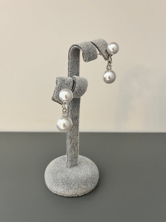 Double Pearl & Cubic Zirconia Drop Earrings