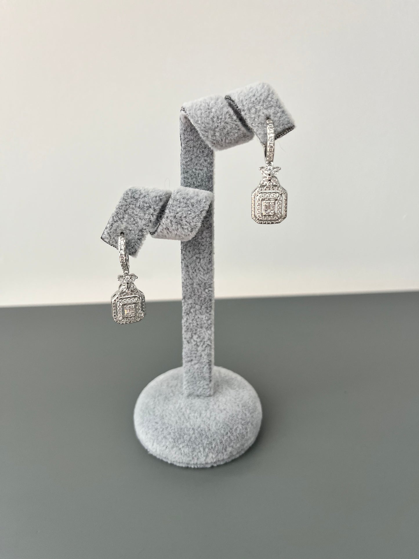 Square Halo & Flower Cubic Zirconia Drop Earrings