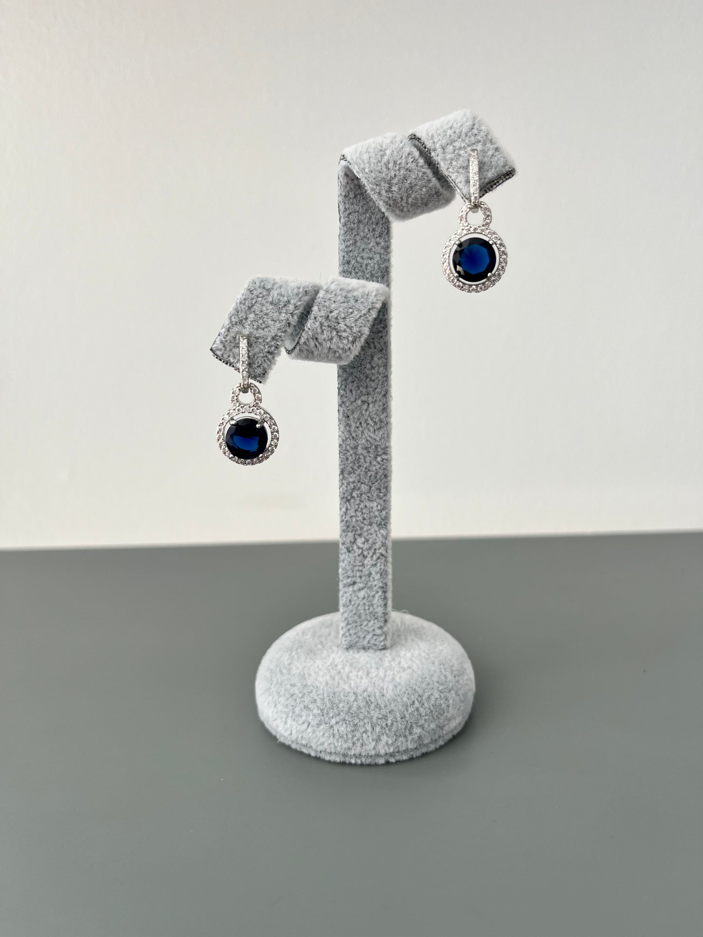 Round Halo Blue & Cubic Zirconia Drop Earrings