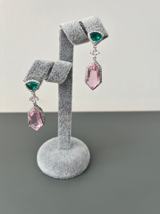 Turquoise Green, Pink & Cubic Zirconia Drop Earrings