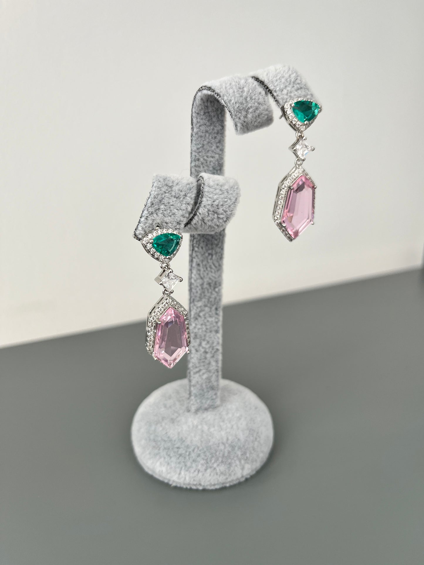 Turquoise Green, Pink & Cubic Zirconia Drop Earrings