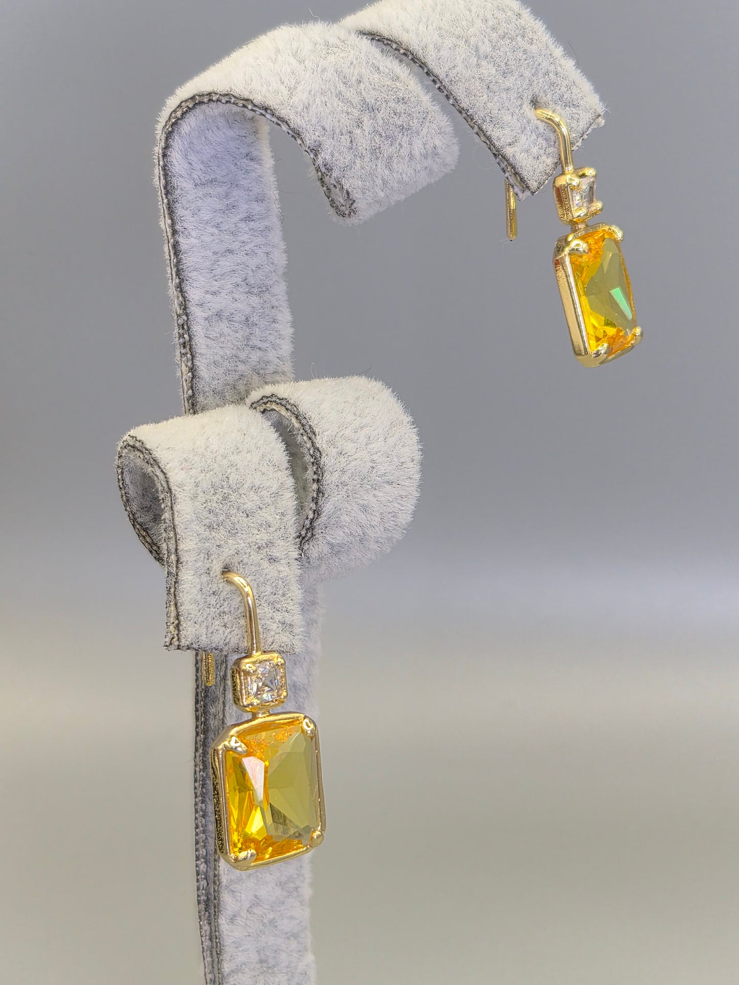 Emerald Cut Yellow & Round Brilliant Cut Cubic Zirconia Hook Through Earrings