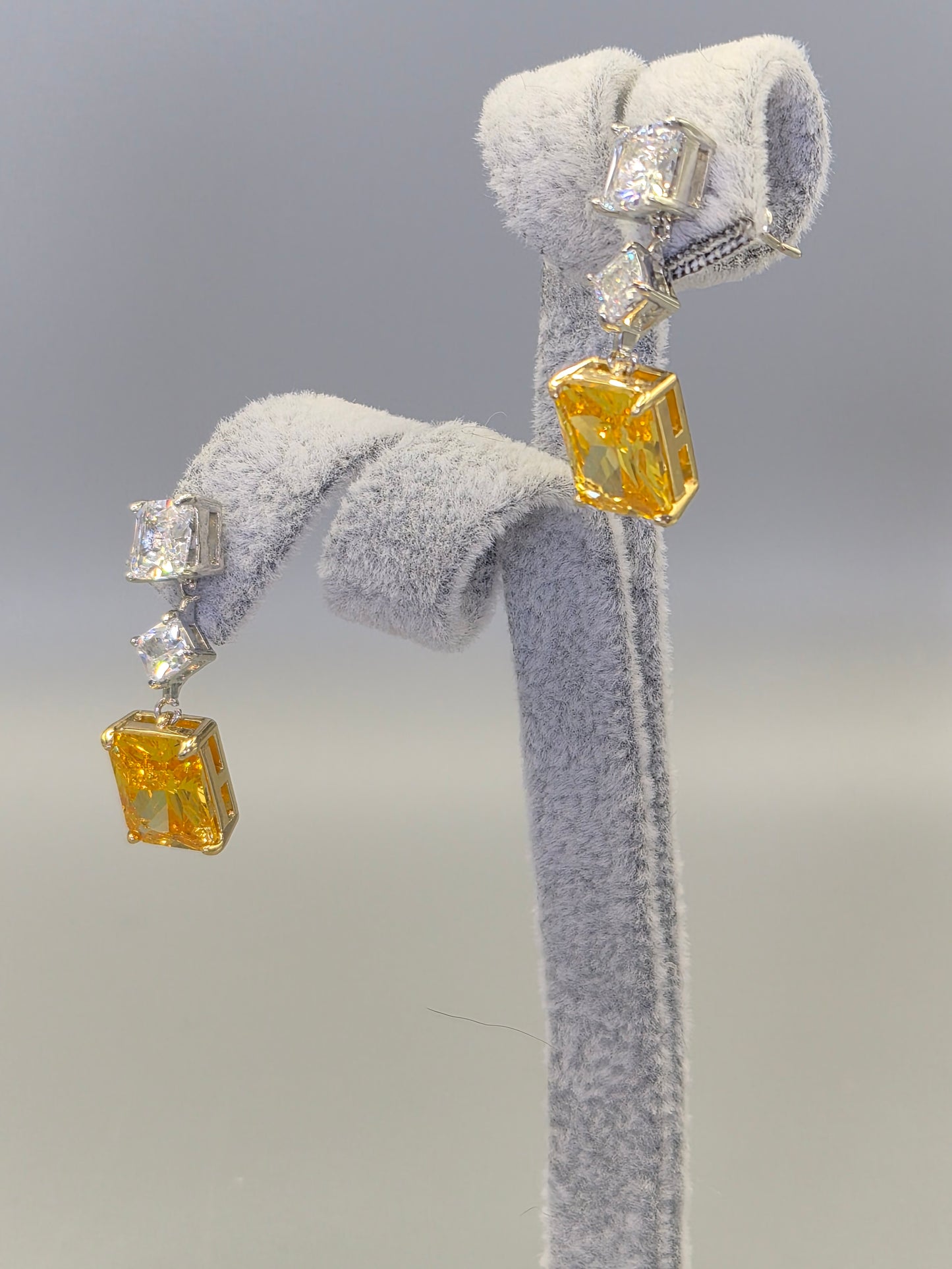 Yellow Princess CutCubic Zirconia Trilogy Drop Earrings