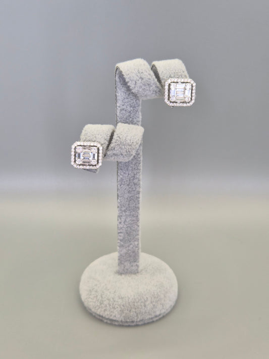 Halo Baugette & Round Brilliant Cut Cubic Zirconia Stud Earrings