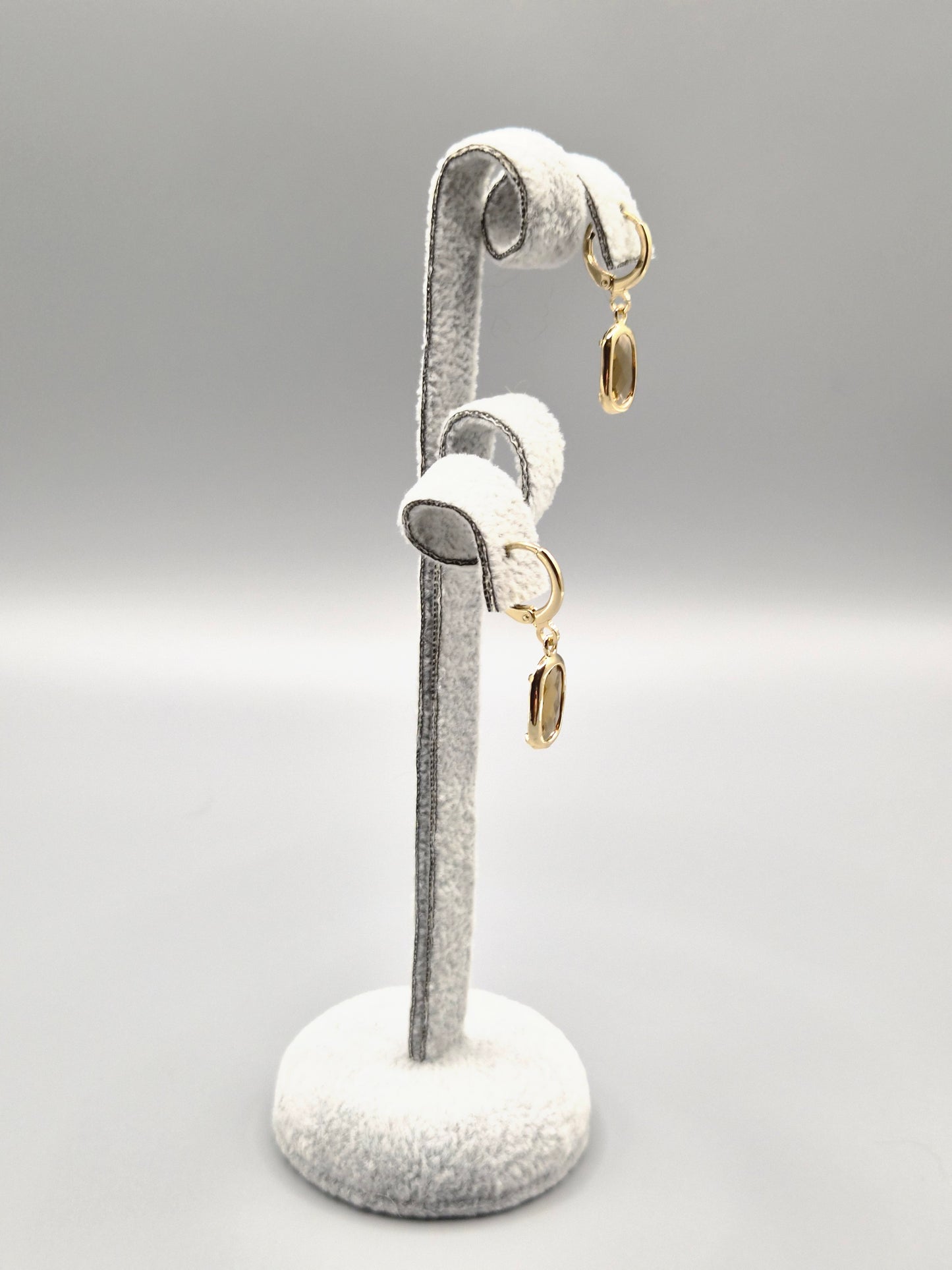 Gold Smokey Quartz Oval Bezel Set Drop Earrings