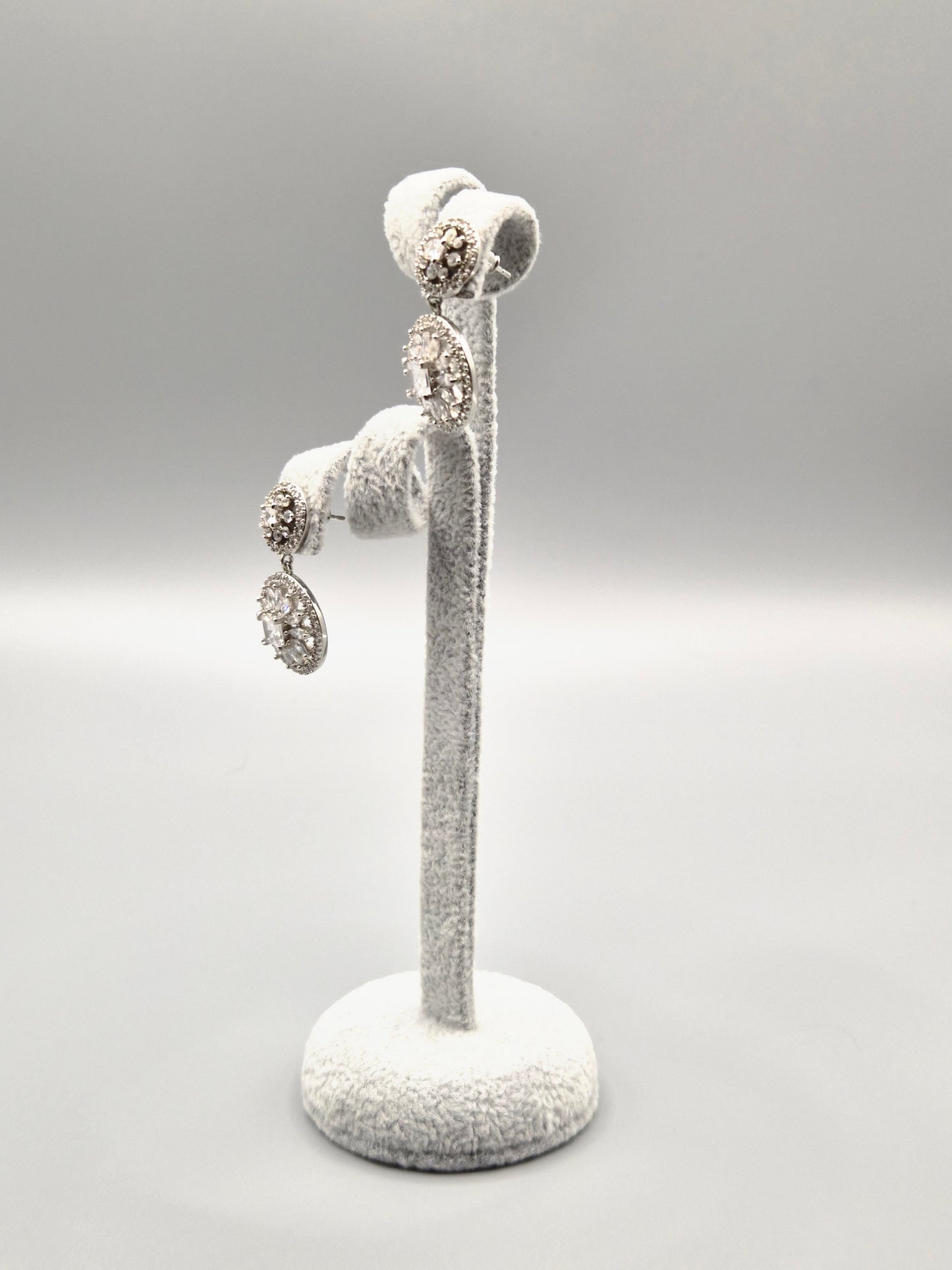 Double Flower Circle Cubic Zirconia Drop Earrings