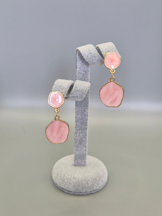 Pink Enamel Double Drop Earrings Yellow Set