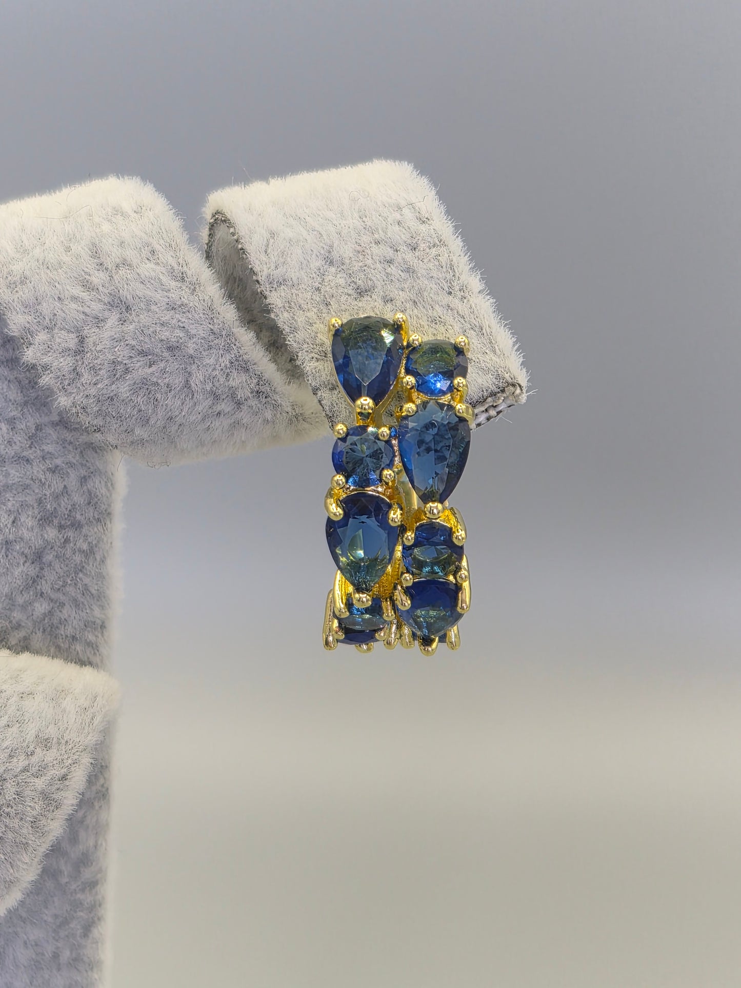 Blue Pear & Round Brilliant Cut Cubic Double Row Zirconia Earrings Yellow Set