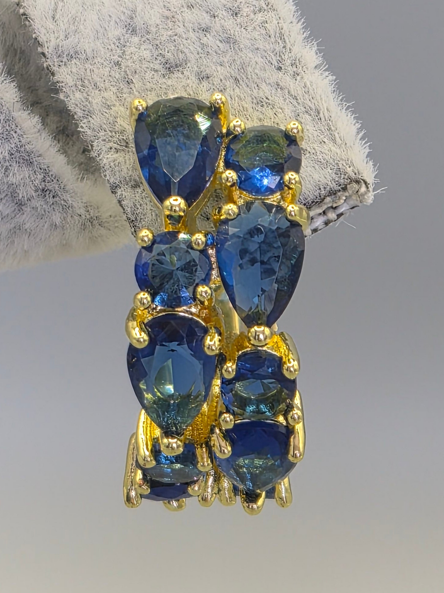 Blue Pear & Round Brilliant Cut Cubic Double Row Zirconia Earrings Yellow Set