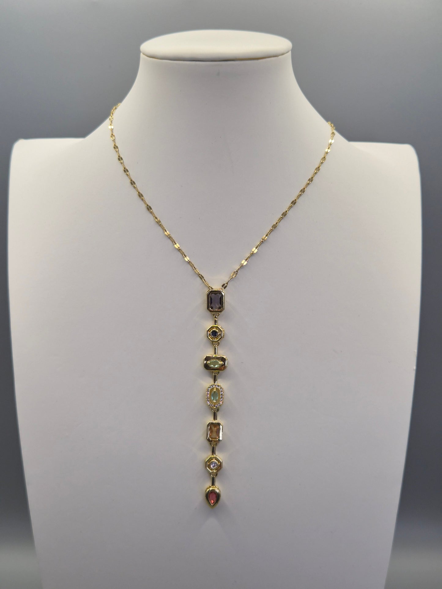 Multi Coloured 7 Stone  Cubic Zirconia Pendant With Extending Chain From 16"-18"  - Yellow