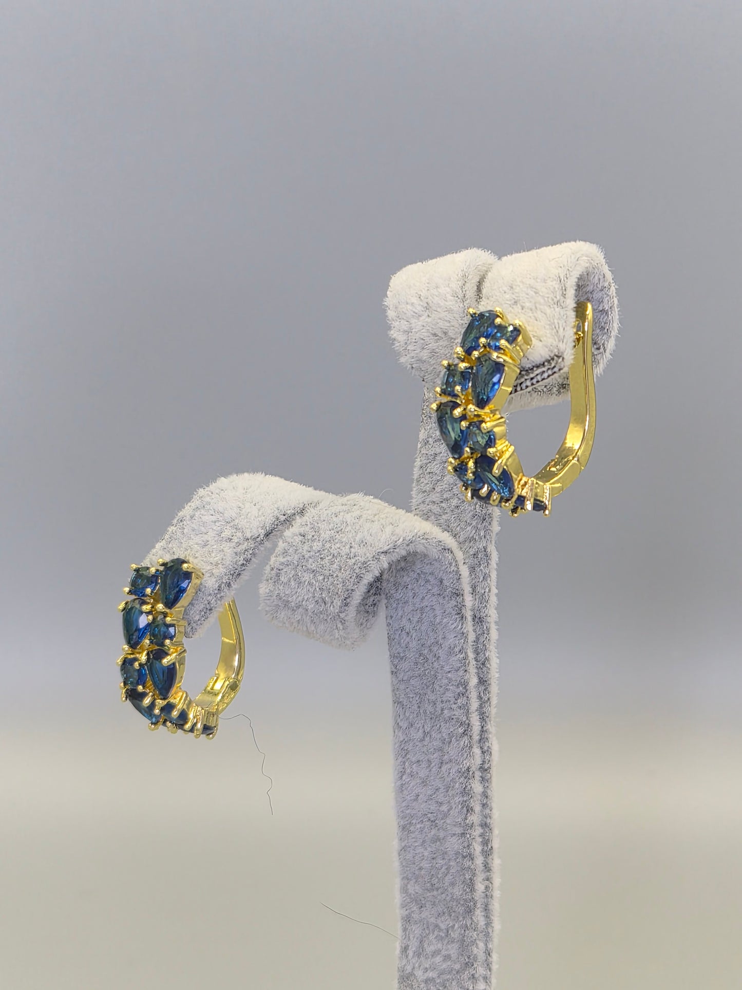 Blue Pear & Round Brilliant Cut Cubic Double Row Zirconia Earrings Yellow Set