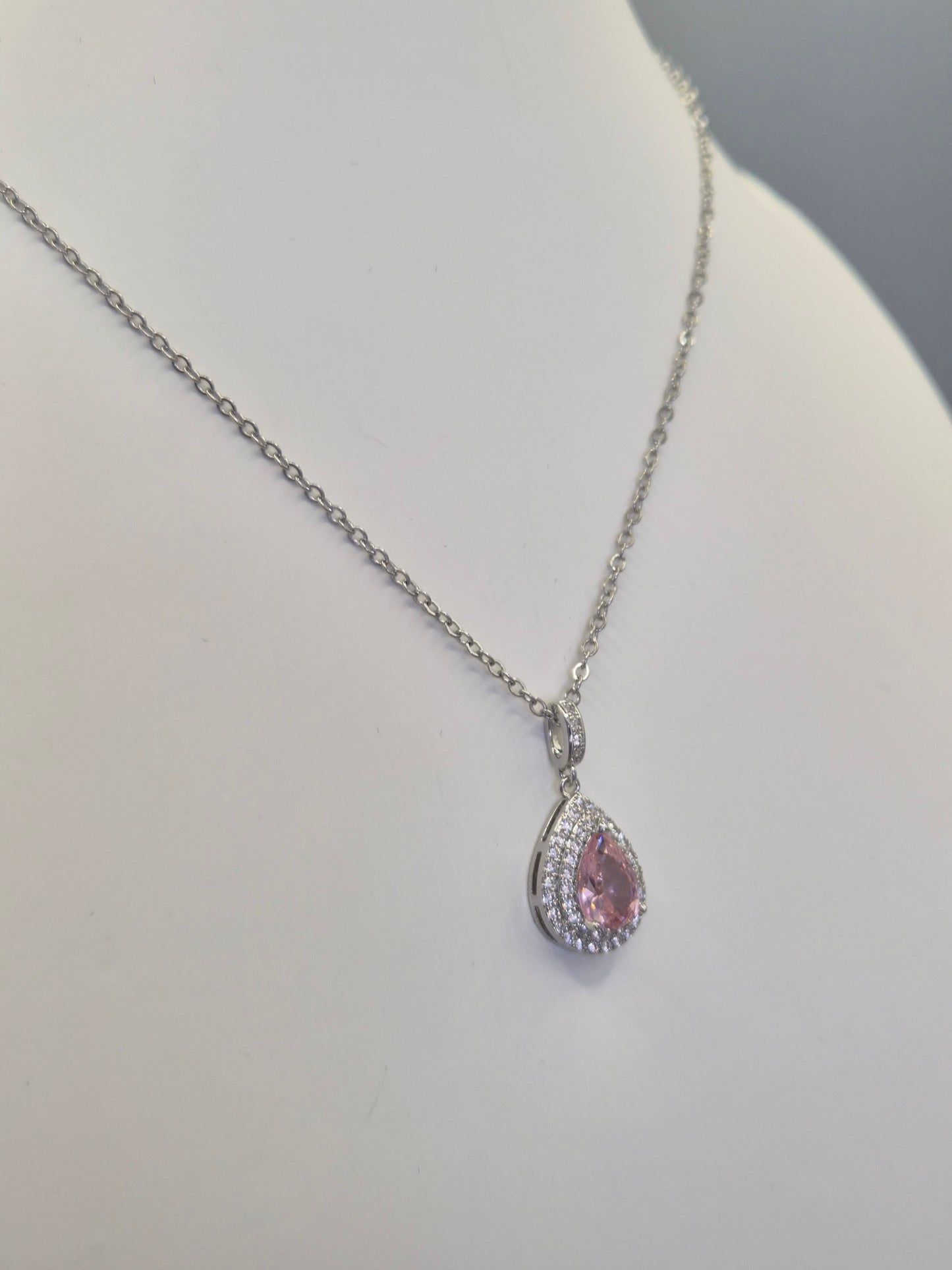 Pink Pear & Double Row  Round Cubic Zirconia Pendant