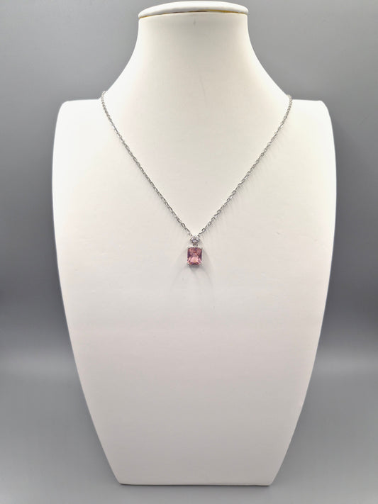 Pink Emerald Cut Centre Stone & Cubic Zirconia Pendant