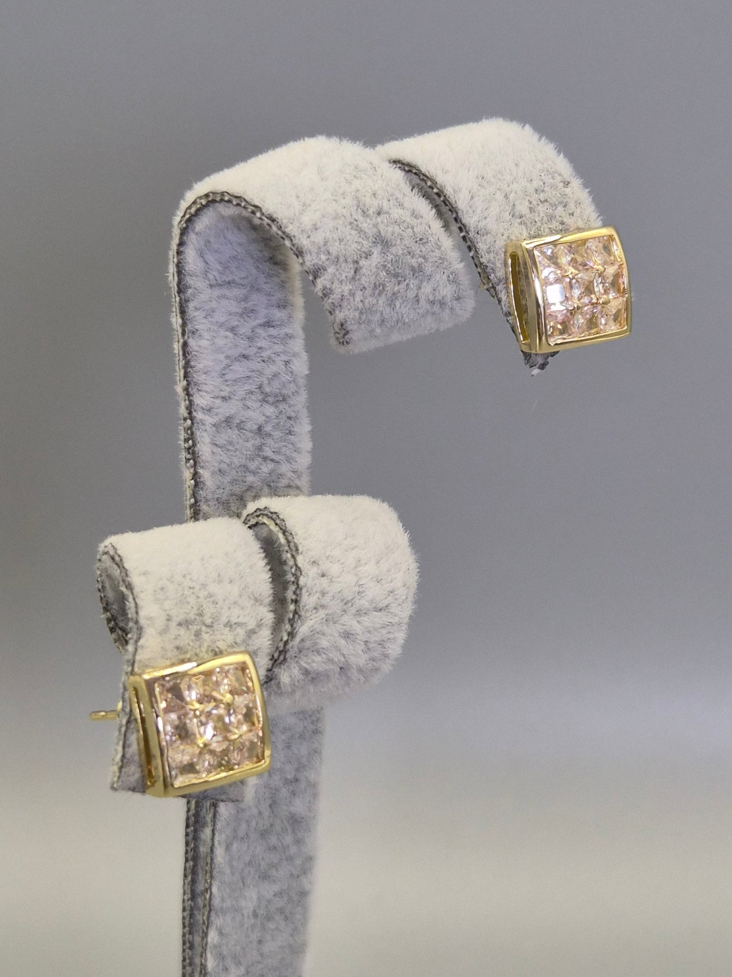 Square Bezel & Bead 9 Stone Round Brilliant Cut Stud Earrings