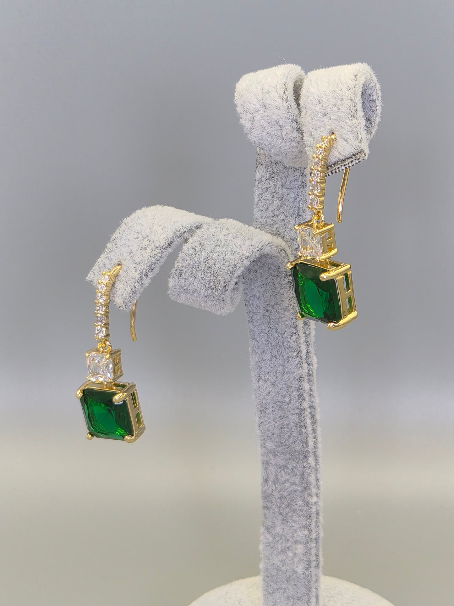 Princess Cut Green & Clear Cubic Zirconia Hook Through Earrings