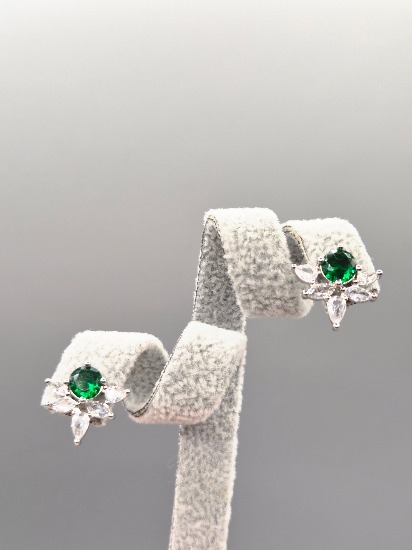 Green & Cubic Zirconia Flower Design Stud Earrings