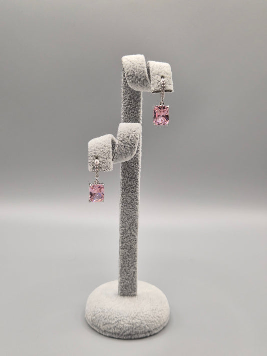 Pink Emerald Cut & Cubic Zirconia Drop Earrings