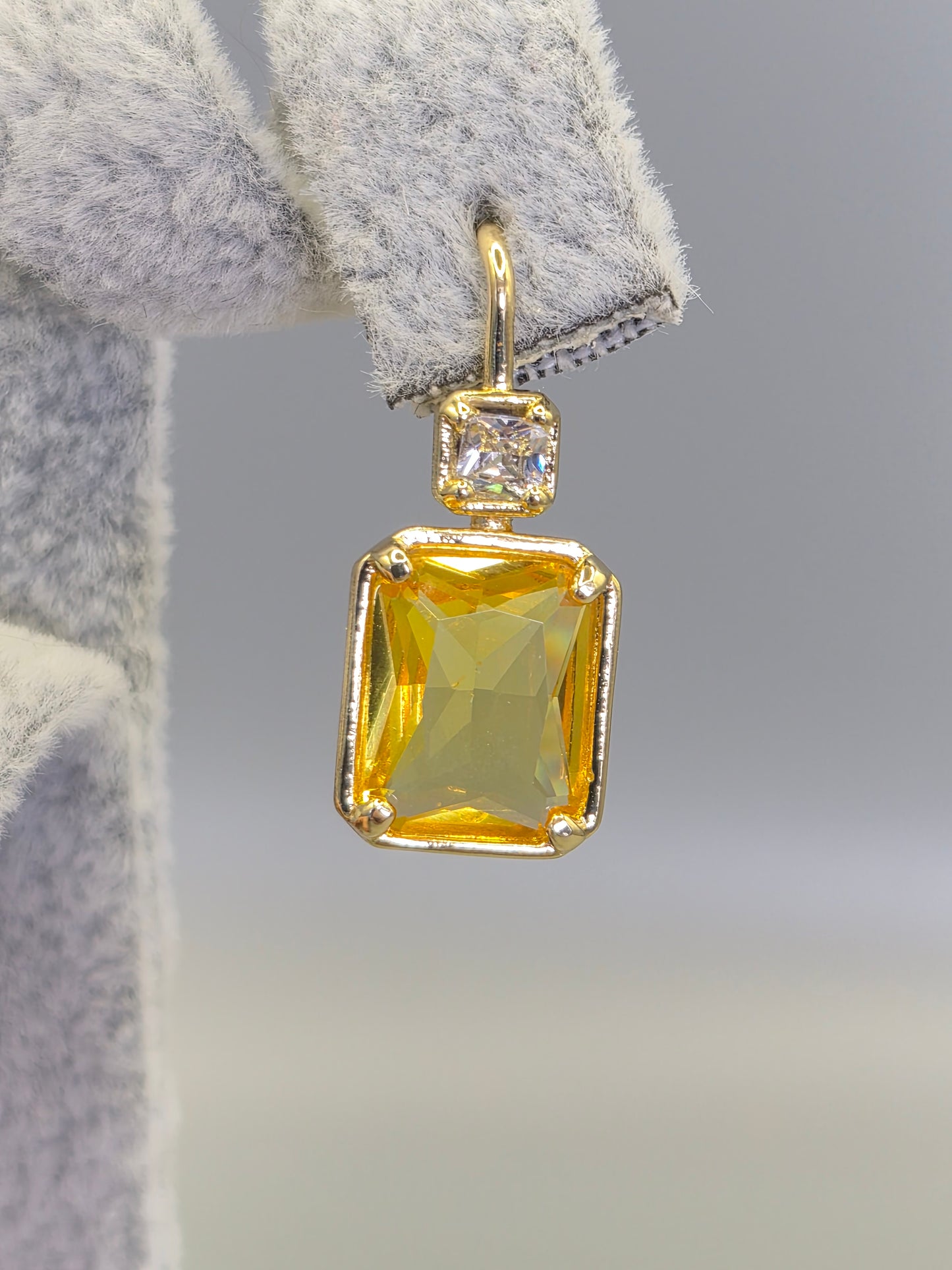 Emerald Cut Yellow & Round Brilliant Cut Cubic Zirconia Hook Through Earrings