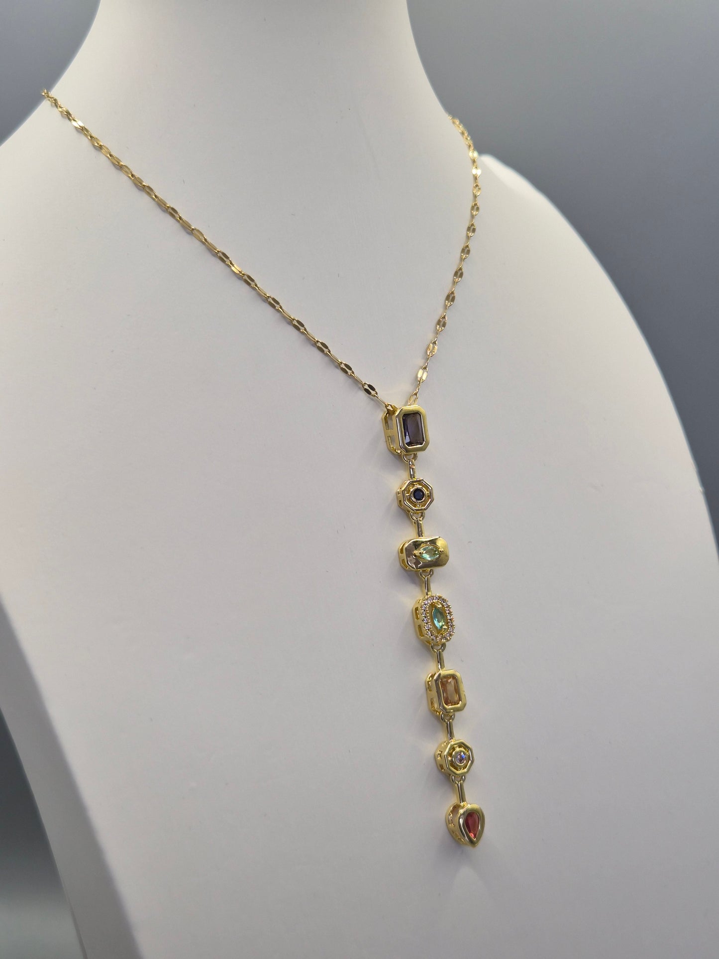 Multi Coloured 7 Stone  Cubic Zirconia Pendant With Extending Chain From 16"-18"  - Yellow