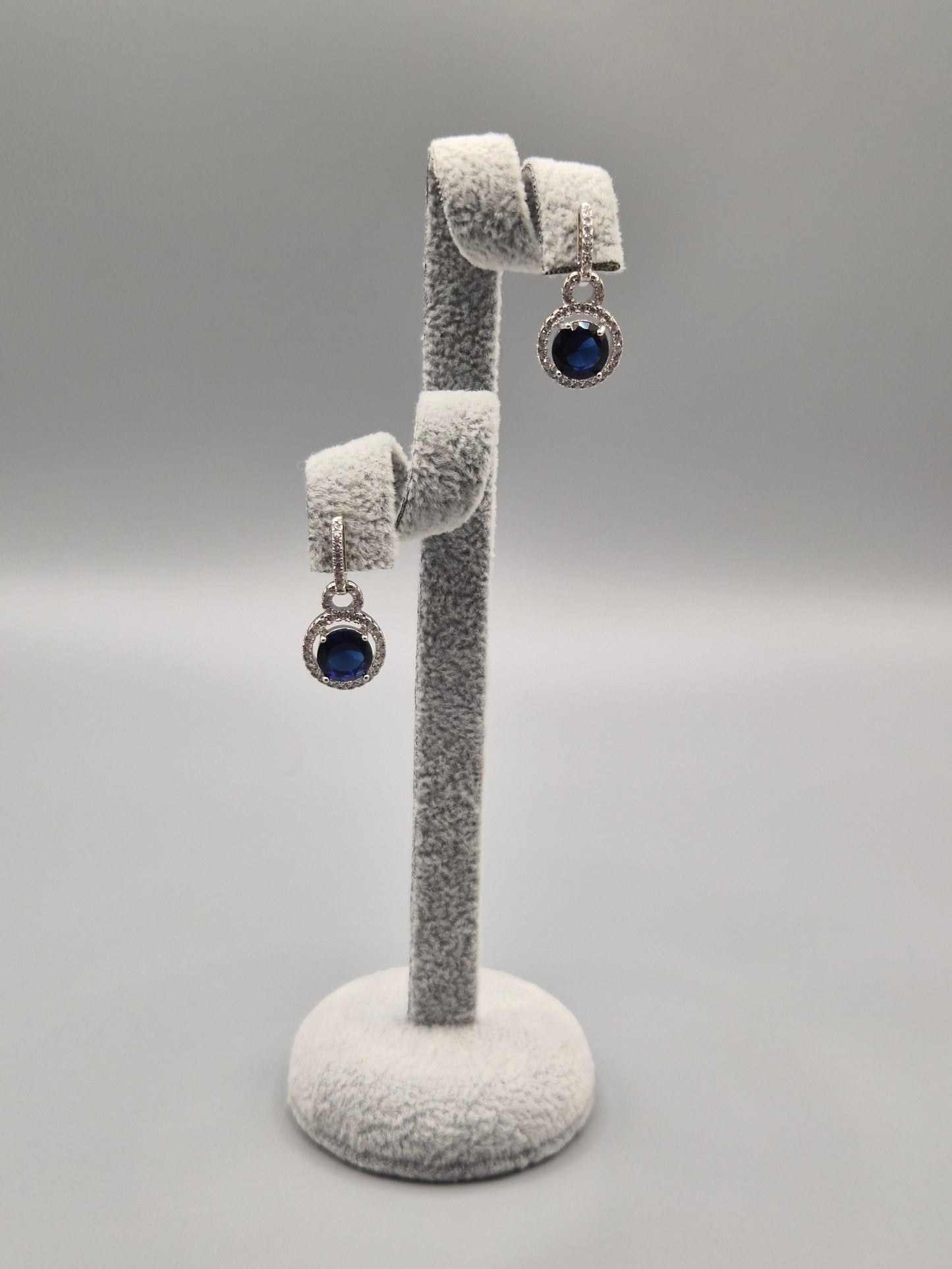 Round Halo Blue & Cubic Zirconia Drop Earrings