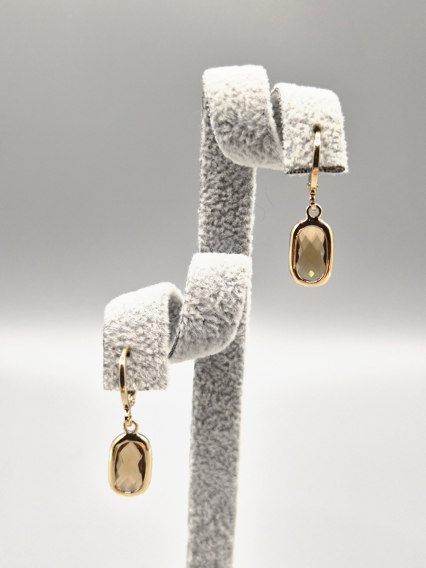 Gold Smokey Quartz Oval Bezel Set Drop Earrings