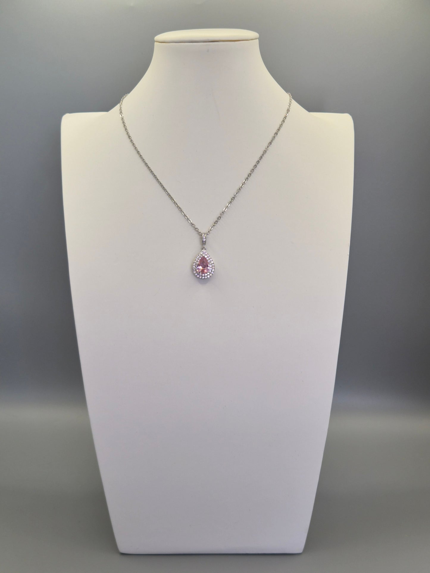 Pink Pear & Double Row  Round Cubic Zirconia Pendant