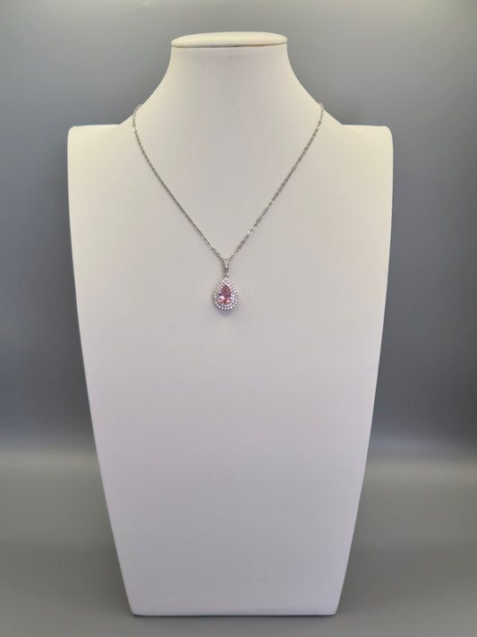 Pink Pear & Double Row  Round Cubic Zirconia Pendant