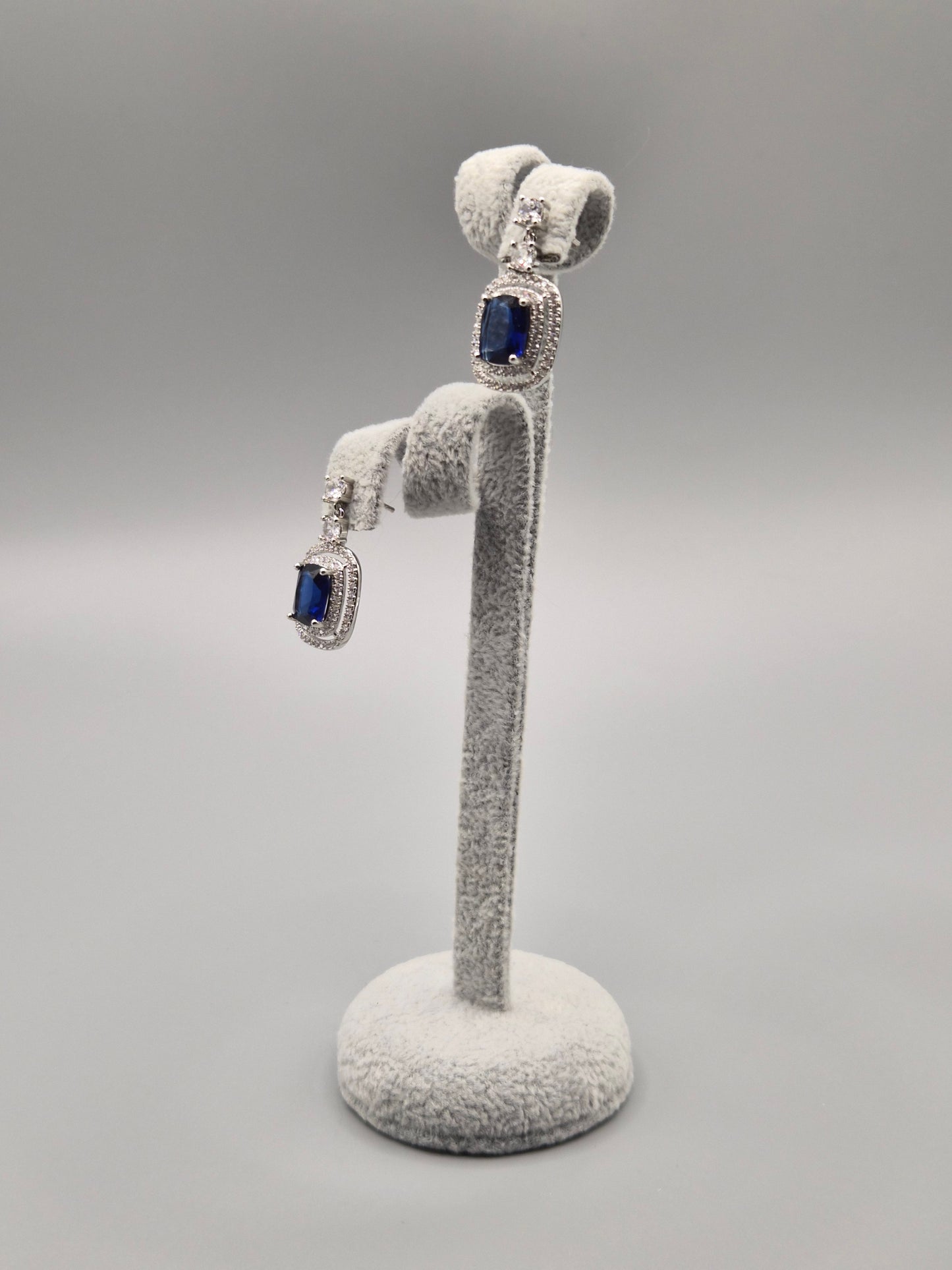 Blue Cushion Shaped Stone Surrounded by Cubic Zirconia Halo Drop Earrings