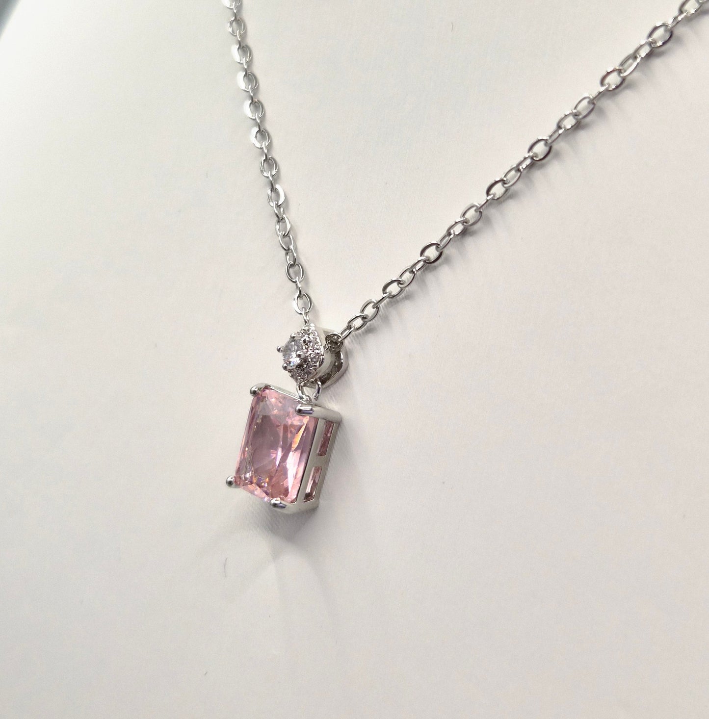 Pink Emerald Cut Centre Stone & Cubic Zirconia Pendant