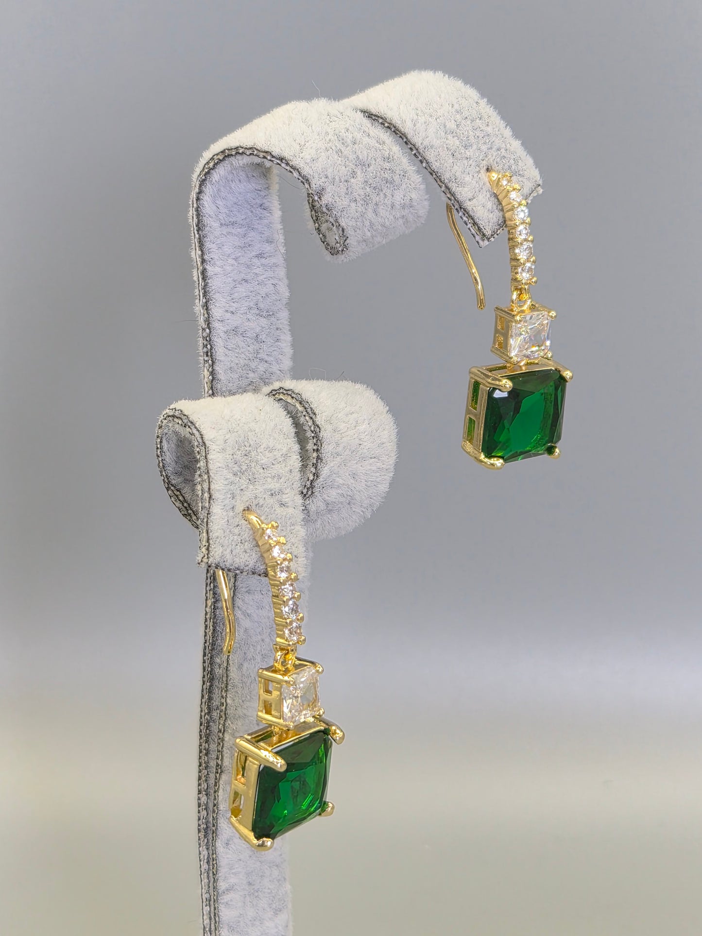 Princess Cut Green & Clear Cubic Zirconia Hook Through Earrings