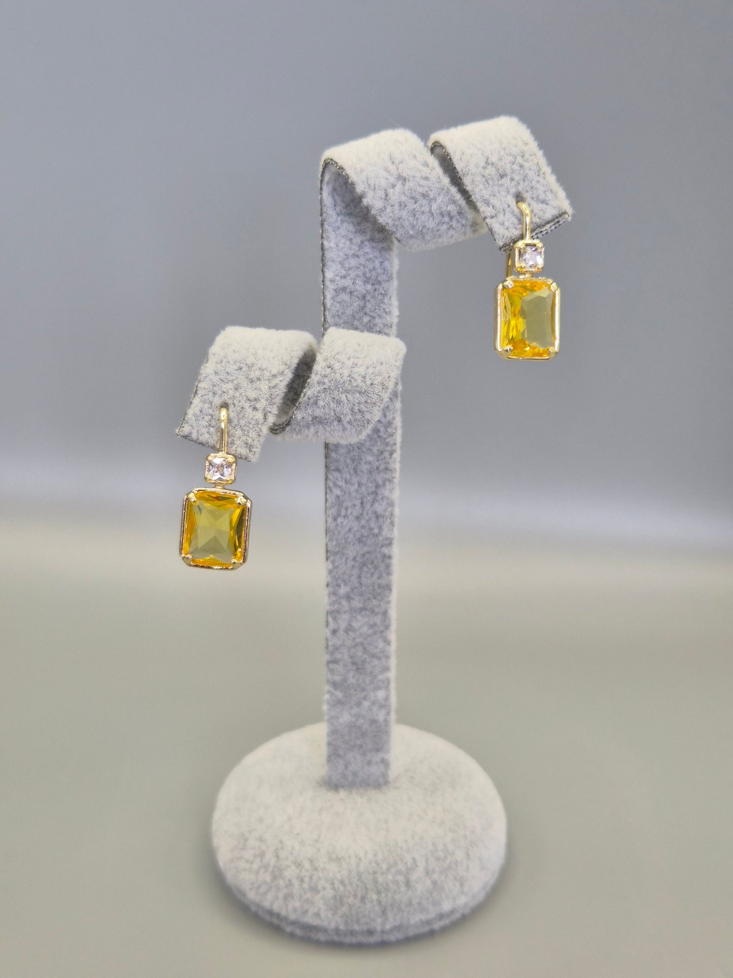 Emerald Cut Yellow & Round Brilliant Cut Cubic Zirconia Hook Through Earrings