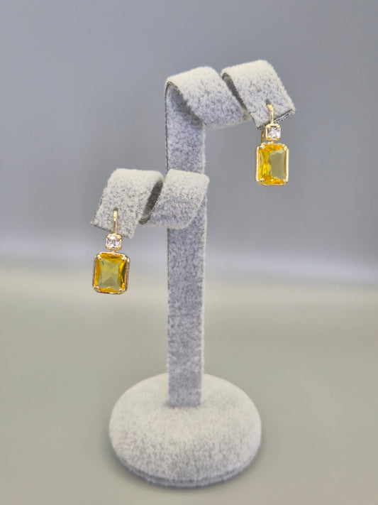 Emerald Cut Yellow & Round Brilliant Cut Cubic Zirconia Hook Through Earrings