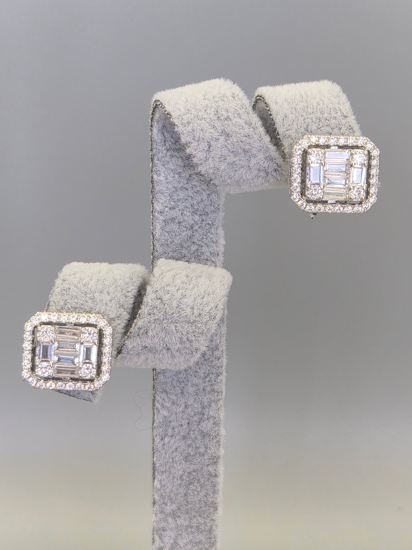 Halo Baugette & Round Brilliant Cut Cubic Zirconia Stud Earrings