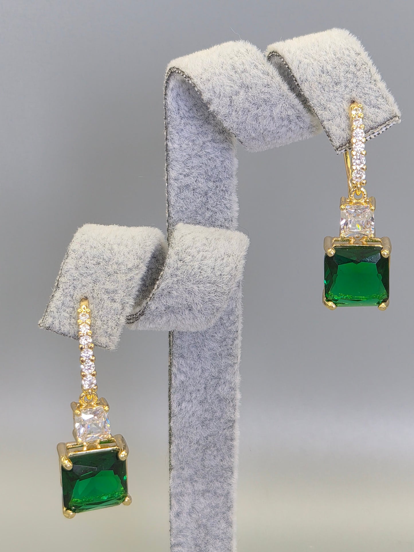 Princess Cut Green & Clear Cubic Zirconia Hook Through Earrings