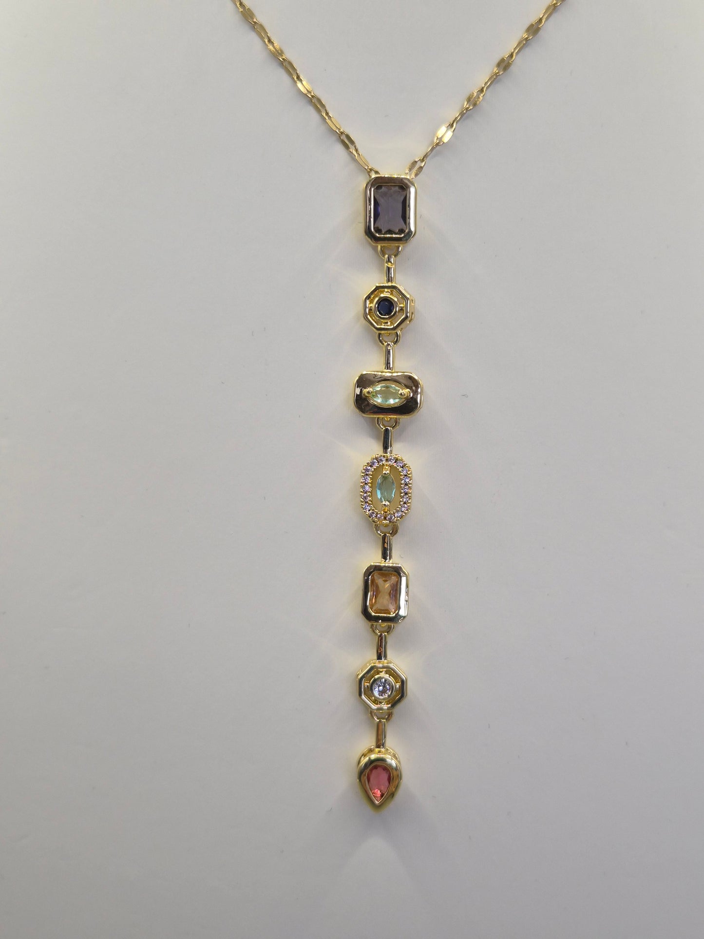 Multi Coloured 7 Stone  Cubic Zirconia Pendant With Extending Chain From 16"-18"  - Yellow